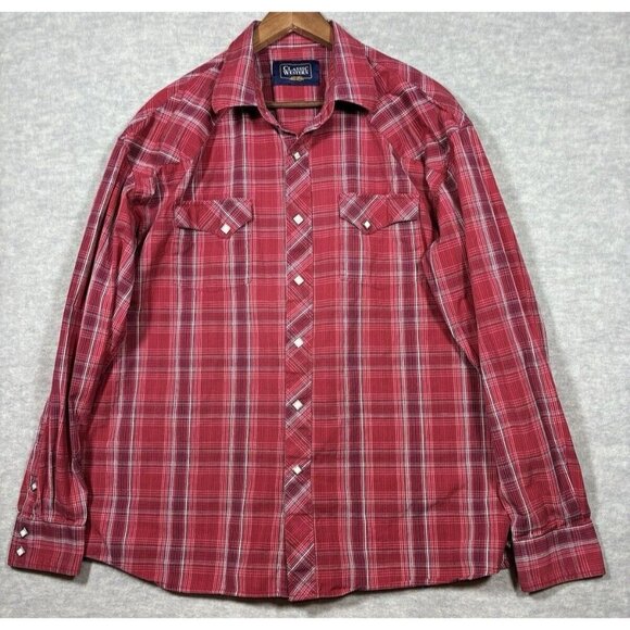 Classic Western Mens Red Plaid Shirt XXL Pearl Snap Unique Square Buttons - Picture 1 of 5